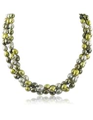 14K white gold 3 strand dyed multi color green freshwater cultured pearl necklace, 18"