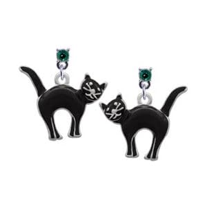 Arching Black Cat Emerald Swarovski Post Charm Earrings