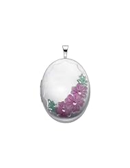 Sterling Silver Pink Enamel Flower Engraved Locket Pendant (1" or 25mm Height)