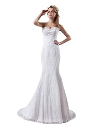 Strapless Beaded  Lace Sequined Spring Fall Mermaid Sweetheart  Dress with a Court Train  With Pearls