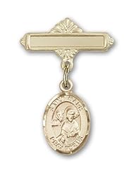 14K Gold Baby Badge with St. Mark the Evangelist Charm and Polished Badge Pin