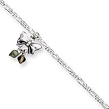 9 Inch Sterling Silver Green Cultured Pearl & Crystal on Bow Figaro Anklet