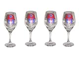 ArtisanStreet's Chasma Wine or Juice Goblets. Set Features 4 Wine Glasses with Unique Hand Symbol in Red, Blue & Silver with Mazel and Shalom in Silver Lettering. Ancient Hebrew Symbol for Luck. Hand Painted. One of a Kind, Signed by Artisan
