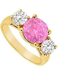 Three Stone Pink Sapphire and Diamond Ring 14K Yellow Gold - 3.00 TGW