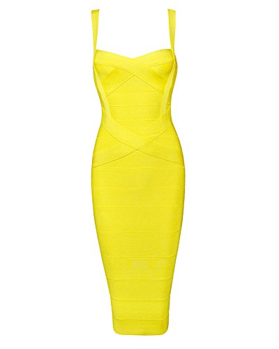 Whoinshop Women's Rayon Strap Celebrity Midi Evening Party Bandage Dress (XL, Yellow)