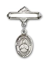 Sterling Silver Baby Badge with St. John Vianney Charm and Polished Badge Pin