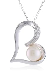 Sterling Silver Freshwater Cultured Pearl and Simulated Diamond Open Heart Pendant Necklace, 18"