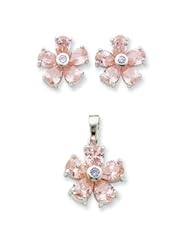 Sterling Silver Pink & Clear CZ Flower Pendant & Earring Set