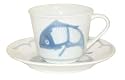 Blue and White Carp Koi Fish Tea / Coffee Cup and Saucer - hand painted underglazed porcelain (set of 2)