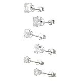 Sterling Silver CZ Princess-Cut Stud Earring Set (3 Pair)