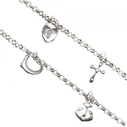 Heart, Cross, Anchor, Lock Ankle Bracelet in Sterling Silver