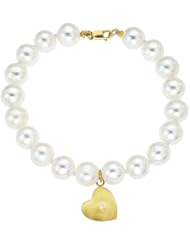 White Pearls bracelet with a dangling 14k Yellow gold diamond mini Heart charm