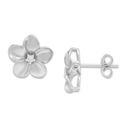 Plumeria Earrings with Diamonds in 14K White Gold - 13mm