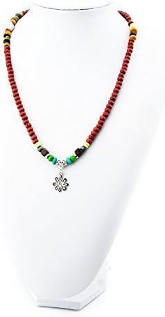JF jewelry fantasy Metal Flower Pendant Wood Beaded Button Adjustable Leather Wrap Bracelet Link Necklace