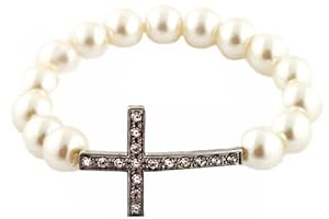 3 Pieces of Ivory with Silver Iced Out Cross Pearl Style Shamballah Beaded Stretch Bracelet