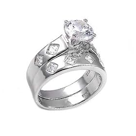 Sterling Silver Wedding Ring Set with Round Cubic Zirconia in Four Prong Setting