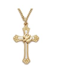 24K Gold Over .925 Sterling Silver Holy Spirit Peach Dove Necklace in 2-Tone Budded Ends Cross Pendant Design Christian Jewelry Womens Religious Jewelry Gift Boxed.w/Chain Necklace 18" Length Gift Boxed.
