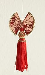 Asian Fusion Red Oriental Double Hand Fan with Tassesl Christmas Ornament 7"