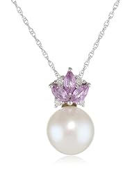 10k White Gold Sapphire, Freshwater Cultured Pearl Round Shaped Diamond Pendant Necklace (0.03 cttw GH, Color, I2-I3 Clarity), 17"