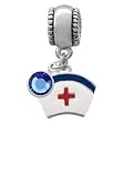 Nurse Hat European Charm Bead Hanger with Sapphire Swarovski Crystal Drop