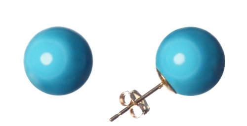 14k Yellow Gold 10mm Dyed Turquoise Color Shell Ball Earrings