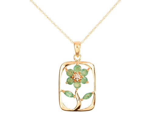 10k Yellow Gold Emerald and Diamond Flower Frame Pendant, 18