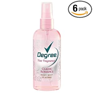 Click here to buy Degree Fine Fragrance Body Mist, Classic Romance, 3-Ounce Bottles (Pack of 6) by Degree.