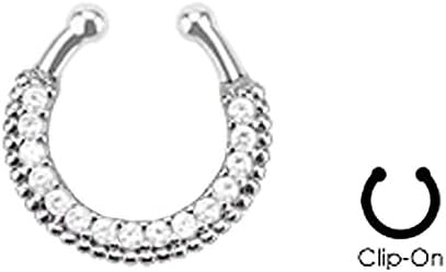 Clear cz 15 gem Septum Clicker Fake Non piercing clip on Nose Ring Hoop Jewelry (No Piercing Required)