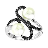 1/4 Carat Black & White Diamond 14k White Gold Cultured Freshwater Pearl Ring (7 mm)