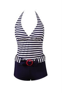 Womens Marina West Two Piece Boyshorts Tankini Swimsuit, Navy & White Strip
