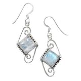 Rainbow Moonstone Earrings Diamond Shape Antiqued Sterling Silver