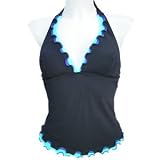 Profile By Gottex 2011 Black Tricolore Halterkini with Turquoise and Purple Lettuce Ruffles