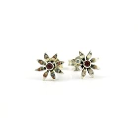 Sterling Silver Ruby Flower Post Earrings