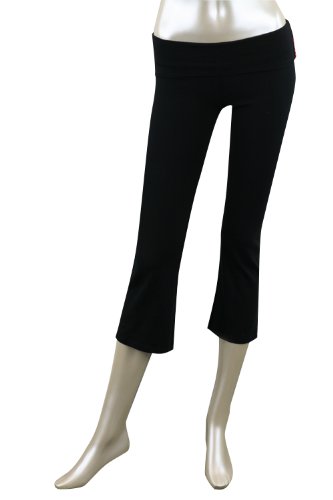 Active Basic Fold Over Cotton Spandex Flare Capris (Large, Black)