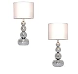 Pair of - Chrome Stacked Balls Touch Table Lamps With White Faux Silk Shades