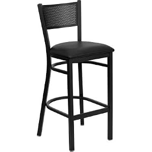 HERCULES Series Black Grid Back Metal Restaurant Bar Stool - Black Vinyl Seat by Flash
