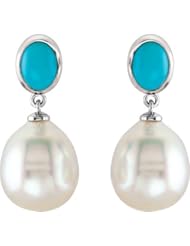 Jewelplus South Sea Cultured Pearl & Genuine Turquoise Earring 14K White Pair 08.00X06.00Mm/12.00 Mm