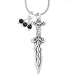 Medieval Three Dimensional Celtic Dagger or Sword Pendant in Sterling Silver with Onyx Bead on 20" Rhodium and Silver Snake Chain, #7928
