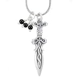 Medieval Three Dimensional Celtic Dagger or Sword Pendant in Sterling Silver with Onyx Bead on 20" Rhodium and Silver Snake Chain, #7928