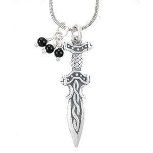 Medieval Three Dimensional Celtic Dagger or Sword Pendant in Sterling Silver with Onyx Bead on 20" Rhodium and Silver Snake Chain, #7928