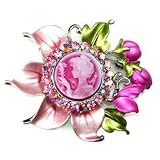 Pink Austrian Rhinestone Tulip Flower Lady Cameo Silver-Tone Brooch Pin