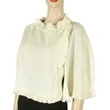 IVORY KNIT RUFFLED EDGE CAPLET SHAWL WRAP W/ROSE