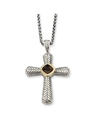 Antique Sterling Silver & 14K Gold Smokey Quartz Cross Necklace