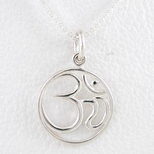 Round Script Om (Aum) Pendant in Sterling Silver on a 16" Box Chain, #8456