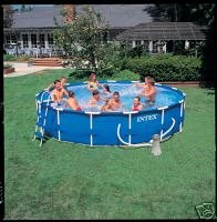 Intex 12-56949 Frame Pool Set Rondo III Kartuschenfilter 3.800 l/h, Leiter, Abdeckplane, Bodenschutzplane, Skimmer, Reinigungsset, 457 x 107 cm