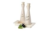 T&G Gift Works Drizzler Set with ceramic bottles printed 'oil' & 'vinegar', with oatmeal hevea stoppers & tray, 180 x 80 x 200mm (gift boxed)
