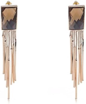 Spicy Key Golden Tone Synthetic Topaz Rectangle Rhinestone Dangling Formal Chain Earrings