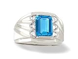 14K White Gold Genuine Emerald-cut Blue Topaz and Diamond Men's Ring
