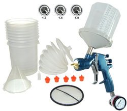 DeVILBISS HVLP FinishLine 3 Value Spray Gun Kit with 3 Tips and a Starter DeKUPS Kit (24 oz. Cup Size) with 1.3, 1.5 and 1.8mm Fluid Tips Also includes an Air Valve Regulator w-Gauge