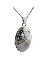 British Jewellery Workshops Silver 22x15mm half engraved oval Locket with Curb chain